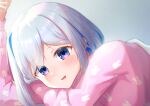  1girl amane_kanata blue_eyes blue_hair blush bob_cut colored_inner_hair gradient_eyes hololive looking_at_breasts multicolored multicolored_eyes multicolored_hair pajamas parted_lips pink_hair pink_pajamas purple_eyes short_hair silver_hair single_hair_intake solo streaked_hair typho virtual_youtuber waking_up 