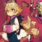  2girls ahoge animal_ears blonde_hair book chen chen_(cat) dress earrings foot_out_of_frame fox_ears fox_tail gap_(touhou) jewelry maaru_(akira428) mouth_hold multiple_girls multiple_tails nekomata no_hat no_headwear pink_background short_hair simple_background single_earring smile solo_focus tabard tail touhou two_tails white_dress yakumo_ran yakumo_yukari yellow_eyes 