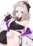  1girl aa-12_(girls_frontline) bandage_on_face bandage_on_knee bandages bandaid bandaid_on_nose bare_shoulders black_shorts black_tank_top blue_eyes breasts candy commentary_request e_draw_paint food forehead girls_frontline gloves gradient_eyes hair_ornament jacket licking lollipop looking_at_viewer medium_hair multicolored multicolored_eyes off_shoulder platinum_blonde_hair purple_eyes saliva saliva_trail shorts single_thighhigh sitting small_breasts solo star_(symbol) star_hair_ornament tank_top thighhighs tongue tongue_out torn_clothes torn_tank_top 