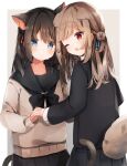  2girls ;d absurdres animal_ear_fluff animal_ears bangs black_bow black_hair black_jacket black_sailor_collar black_skirt blue_eyes bow brown_hair brown_sweater cat_ears cat_girl cat_tail commentary_request cowboy_shot dog_ears dog_girl dog_tail from_behind heripiro highres holding_hands jacket long_hair looking_at_viewer multiple_girls one_eye_closed open_mouth original red_eyes sailor_collar school_uniform skirt smile standing sweater tail yuri 
