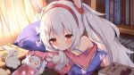  1girl animal_ears azur_lane bangs bare_shoulders blinds blush book bookshelf bunny bunny_ears character_doll closed_eyes closed_mouth clothing_request commentary_request eyebrows_visible_through_hair hairband highres indoors irokari laffey_(azur_lane) long_hair looking_at_another lying pillow pillow_hug red_eyes red_hairband room shadow silver_hair smile solo sunlight under_covers window_shade 