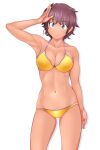  1girl absurdres bangs bikini blue_eyes breasts brown_hair closed_mouth cowboy_shot dark_skin eyebrows_visible_through_hair girls_und_panzer groin halterneck highres large_breasts looking_at_viewer lowleg lowleg_bikini navel shadow short_hair simple_background skindentation smile solo standing suzuki_(girls_und_panzer) swimsuit tanaka_rikimaru waving white_background yellow_bikini 