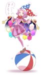  1girl absurdres balancing ball beachball bow bowtie brown_footwear cape genderswap genderswap_(mtf) gloves hat hexagon highres humanization jester_cap kawayabug kirby_(series) kirby_super_star long_sleeves marx navel pink_shirt puffy_sleeves purple_eyes purple_hair red_neckwear shirt short_hair simple_background speech_bubble standing standing_on_object standing_on_one_leg translation_request white_background white_gloves wings 