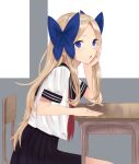  1girl alternate_costume asakaze_(kancolle) black_sailor_collar black_skirt blonde_hair blue_bow blue_eyes bow commentary_request cowboy_shot desk forehead hair_bow hand_on_own_face highres kantai_collection kokefukurou long_hair looking_at_viewer neckerchief pleated_skirt red_neckwear sailor_collar school_desk school_uniform serafuku sitting skirt solo wavy_hair window 