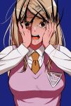  1girl absurdres akamatsu_kaede bangs blonde_hair blue_background blush breasts brown_neckwear claws collared_shirt commentary crying danganronpa_(series) danganronpa_v3:_killing_harmony drooling hair_ornament hands_on_own_face hands_up highres large_breasts long_hair long_sleeves looking_at_viewer musical_note_hair_ornament necktie pink_vest saliva sanmian_(chidarakeno) school_uniform shiny shiny_hair shirt simple_background solo sweat sweater_vest tears teeth upper_body very_long_fingernails vest white_shirt 