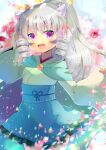 1girl :d bangs blue_skirt blurry blurry_background blush bow demon_horns depth_of_field drill_hair eyebrows_visible_through_hair facial_mark fang frilled_skirt frills green_kimono grey_hair hair_between_eyes hair_bow hand_up high_ponytail horns japanese_clothes kimono kouu_hiyoyo long_hair long_sleeves looking_at_viewer open_mouth original pinching_sleeves pink_bow ponytail purple_eyes short_eyebrows sidelocks skirt sleeves_past_wrists smile solo thick_eyebrows twin_drills very_long_hair wide_sleeves 