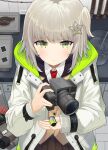  1girl absurdres arknights camera desk film_cartridge film_strip highres hood hooded_jacket jacket nanamilem necktie photo_(object) pleated_skirt scene_(arknights) skirt 