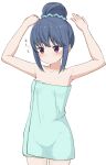  1girl arms_up bangs bare_arms bare_shoulders blue_hair blush closed_mouth collarbone commentary_request cowboy_shot eyebrows_visible_through_hair groin hair_bun highres hippo_(hirople) naked_towel purple_eyes see-through shima_rin simple_background solo towel translation_request white_background yurucamp 