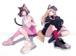  2girls animal_ears animal_hat baggy_clothes bangs baseball_cap black_footwear black_jacket blonde_hair blue_eyes brown_hair cat_ears cat_tail claw_pose dog_tail fashion finger_to_mouth hat highres jacket kmnz long_hair mc_lita mc_liz multiple_girls pink_eyes pink_skirt pleated_skirt reebok short_hair shugao sitting skirt sweater tail virtual_youtuber white_background white_footwear white_sweater 