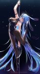  1girl :d absurdly_long_hair absurdres animal_ears arm_strap arm_up armpits artist_name azur_lane bangs black_footwear black_legwear black_leotard blue_eyes blue_hair blush bodystocking breasts bunny_ears collarbone covered_navel dark_background dated eyebrows_visible_through_hair fallen-leaves full_body hair_intakes high_heels highres large_breasts latex_leotard leg_up leotard long_hair looking_down neon_trim new_jersey_(azur_lane) new_jersey_(exhilarating_steps!)_(azur_lane) official_alternate_costume open_mouth pole pole_dancing smile solo strapless strapless_leotard stripper_pole very_long_hair 