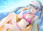  1girl ;d bangs bikini blue_hair blurry blurry_background breasts cleavage collarbone copyright_name day eyebrows_visible_through_hair floating_hair food groin hair_between_eyes hatsune_miku highres holding holding_food ice_cream innertube lens_flare long_hair materu_2532 medium_breasts navel ocean one_eye_closed open_mouth outdoors piapro pink_bikini project_diva_(series) purple_eyes shiny shiny_hair smile solo summer swimsuit twintails very_long_hair visor_cap vocaloid 