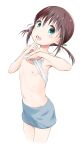  1girl bare_shoulders blue_skirt brown_hair clothes_lift commentary_request finger_to_mouth flat_chest green_eyes highres kokekokko_coma long_hair looking_at_viewer low_twintails navel nipples original pencil_skirt shirt_lift skirt sleeveless solo tank_top twintails white_background white_tank_top 