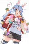  1girl :d animal_ears backpack bag bag_charm bangs blue_hair blush braid bunny-shaped_pupils bunny_ears carrot_hair_ornament charm_(object) closed_umbrella clothes_writing collarbone commentary_request crime_prevention_buzzer fake_animal_ears fang food-themed_hair_ornament hair_ornament heart highres holding hololive ishihara_(kuniyoshi) layered_skirt long_hair looking_at_viewer miniskirt multicolored_hair open_mouth polka_dot_skirt randoseru red_eyes scrunchie shirt simple_background skirt smile solo speech_bubble spoken_heart striped striped_legwear thick_eyebrows thighhighs twin_braids two-tone_hair umbrella usada_pekora white_background white_hair white_shirt wrist_scrunchie zettai_ryouiki 