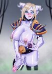  1girl absurdres armband armor belt blonde_hair blue_eyes blurry blurry_foreground blush closed_mouth collarbone colored_skin draenei fingernails fog futanari gameplay_mechanics highres horns inriganan looking_at_viewer newhalf nipple_piercing no_pupils pauldrons penis piercing pointy_ears pubic_hair purple_skin saliva sharp_fingernails shiny shiny_skin short_hair shoulder_armor skindentation skull_belt solo testicles thighhighs tongue tongue_out veins veiny_penis warcraft world_of_warcraft 
