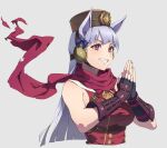  1girl animal_ears bangs black_gloves blunt_bangs brown_headwear dress ear_covers elbow_gloves fingerless_gloves gloves gold_ship_(umamusume) grey_hair grin hands_together highres horse_ears horse_girl long_hair looking_at_viewer own_hands_together pillbox_hat purple_eyes red_dress red_scarf scarf simple_background sleeveless sleeveless_dress smile solo teeth umamusume upper_body zzzearly 