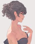  1girl bare_shoulders breasts cleavage collarbone earrings elliemaplefox fang grey_hair hand_up highres jewelry large_breasts looking_at_viewer original profile short_hair solo tattoo upper_body white_eyes 