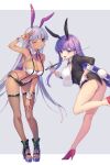  2girls animal_ears arm_up armpits bangs bare_legs bb_(fate) bb_(fate)_(all) bb_(swimsuit_mooncancer)_(fate) black_footwear black_jacket black_shorts blush breasts bunny_ears bunny_tail commentary_request dark-skinned_female dark_skin earrings eyebrows_visible_through_hair fake_animal_ears fake_tail fate/grand_order fate_(series) fishnet_legwear fishnets gloves grey_background hair_ornament hand_on_hip high_heels highres holding holding_pointer jacket jewelry large_breasts leaning_forward leg_up leotard long_sleeves looking_at_viewer looking_back micro_shorts multiple_girls nail_polish navel one_eye_closed open_clothes open_jacket panties platform_footwear pointer purple_eyes purple_hair purple_nails purple_panties red_footwear shorts simple_background standing standing_on_one_leg star_(symbol) star_earrings star_hair_ornament strapless suspender_shorts suspenders tail thong toeless_footwear tubetop underwear v v-shaped_eyebrows vivi_(eve_no_hakoniwa) white_gloves white_leotard 
