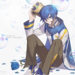  1boy 1c3ink3tk4n ;) bangs between_legs blue_eyes blue_flower blue_hair blue_rose closed_mouth coat commentary crown dated flower grey_pants hair_between_eyes hand_between_legs happy_birthday headset kaito_(vocaloid) long_sleeves male_focus microphone one_eye_closed pants petals rose short_hair sitting smile solo vocaloid white_background white_coat 