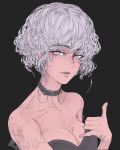  1girl bare_shoulders black_background black_choker breasts bright_pupils choker cleavage collarbone elliemaplefox eyebrows_visible_through_hair grey_eyes grey_hair hand_up highres original short_hair simple_background solo tattoo white_pupils 