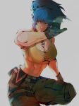  1girl abs ammunition_pouch armlet bare_shoulders belt blue_eyes blue_hair breasts camouflage camouflage_pants commentary dog_tags earrings eyes gloves jewelry large_breasts leona_heidern midriff military military_uniform mojyavoltage6 muscular muscular_female pants ponytail pouch sleeveless solo squatting tank_top the_king_of_fighters the_king_of_fighters_xiv the_king_of_fighters_xv triangle_earrings uniform yellow_tank_top 