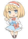  1girl alice_margatroid arnest blonde_hair blue_dress blue_eyes blush boots bow bowtie breasts bright_pupils brown_footwear capelet chibi dress frilled_hairband frills full_body hairband hand_up long_sleeves looking_at_viewer medium_breasts open_mouth red_bow red_hairband red_neckwear shirt short_hair simple_background smile solo touhou white_background white_capelet white_shirt 