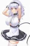  1girl apron armpits azur_lane black_headwear black_skirt breasts center_frills clothing_cutout dido_(azur_lane) earrings eyebrows_visible_through_hair frilled_shirt frills hairband hands_in_hair highres huge_breasts jewelry long_hair looking_at_viewer red_eyes shirt simple_background skindentation skirt sleeveless sleeveless_shirt solo thighhighs underboob underboob_cutout waist_apron wejil white_apron white_background white_legwear white_shirt zettai_ryouiki 