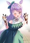  1girl ;d absurdres animal_ears bangs black_hair blush character_request dress eyebrows_visible_through_hair food gold_ship_(umamusume) green_dress green_ribbon hair_ribbon highres holding holding_food horse_ears horse_girl horse_tail ice_cream ice_cream_cone long_hair looking_at_viewer mejiro_mcqueen_(umamusume) neck_ribbon off-shoulder_dress off_shoulder one_eye_closed open_mouth purple_eyes purple_hair red_neckwear red_ribbon ribbon rice_shower_(umamusume) silence_suzuka_(umamusume) simple_background smile swept_bangs tail umamusume wanderlucia white_background 