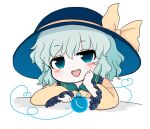  1girl bangs blouse blue_headwear blush bow chibi crystal eyebrows_visible_through_hair green_eyes green_hair hair_between_eyes hand_on_own_face hat komeiji_koishi long_sleeves looking_at_viewer open_mouth rei_(tonbo0430) simple_background smile solo touhou white_background yellow_blouse yellow_bow yellow_sleeves 