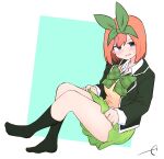  1girl bangs black_jacket black_legwear blazer blue_background blue_eyes blush bow breasts collared_shirt crossed_legs eyebrows_behind_hair full_body go-toubun_no_hanayome green_bow green_ribbon green_skirt hair_between_eyes hair_ribbon highres jacket knees_up kujou_karasuma legs looking_at_viewer medium_breasts nakano_yotsuba no_shoes open_clothes open_jacket open_mouth orange_hair pleated_skirt ribbon shirt signature sitting skirt socks solo sweat sweater_vest two-tone_background wavy_mouth white_background white_shirt 