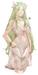  1girl bare_shoulders bracelet breasts cleavage closed_mouth collarbone commentary dress english_commentary eyebrows_visible_through_hair fire_emblem fire_emblem:_three_houses flower forehead green_eyes green_hair hair_flower hair_ornament highres jewelry large_breasts long_hair looking_at_viewer pink_flower rhea_(fire_emblem) sakuremi signature smile solo strapless strapless_dress white_dress 