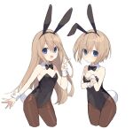  2girls :d absurdres alternate_costume animal_ears bare_shoulders black_leotard black_neckwear blue_eyes blush bow bowtie breasts brown_hair bunny_ears bunny_tail buran_buta cleavage covered_navel cowboy_shot cropped_legs detached_collar expressionless hair_between_eyes hand_on_own_chest hand_up hands_up happy highres holding_own_arm leaning_forward leotard long_hair looking_at_viewer multiple_girls neptune_(series) open_mouth pantyhose playboy_bunny ram_(neptune_series) rom_(neptune_series) short_hair siblings sisters small_breasts smile tail twins v very_long_hair wrist_cuffs 