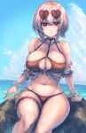  1girl :i azur_lane bangs bikini black_bikini blue_sky breasts collarbone day denchi_more_power eyebrows_visible_through_hair eyewear_on_head hair_between_eyes heart heart-shaped_eyewear highres large_breasts looking_at_viewer navel o-ring o-ring_top ocean official_alternate_costume on_rock outdoors red_eyes scrunchie short_hair sirius_(azur_lane) sirius_(midsummer_seirios)_(azur_lane) sitting sky solo sunglasses swimsuit white_hair 