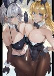  2girls animal_ears azur_lane azur_lane:_slow_ahead bangs bare_arms bare_shoulders black_gloves black_legwear black_leotard black_neckwear blonde_hair blue_eyes bow bowtie breast_press breasts bunny_ears cleavage collarbone covered_navel detached_collar gloves hand_on_hip highres large_breasts leotard long_hair looking_at_viewer multiple_girls navel north_carolina_(azur_lane) pantyhose playboy_bunny short_hair signo_aaa silver_hair smile washington_(azur_lane) wrist_cuffs 