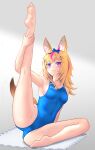  1girl :3 absurdres animal_ear_fluff animal_ears arm_up armpits bangs bare_arms bare_legs bare_shoulders barefoot blonde_hair blue_bow blue_swimsuit bow braid breasts commentary_request covered_navel feet fox_ears fox_girl fox_tail full_body grey_background hair_bow hair_ornament hairclip hand_on_own_leg highleg highleg_swimsuit highres hololive kneepits leg_up long_hair maroniki_(arosama) medium_breasts multicolored_hair omaru_polka one-piece_swimsuit purple_eyes purple_hair side_braid simple_background single_braid sitting smile soles solo streaked_hair swimsuit tail toes virtual_youtuber 
