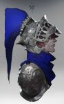  1boy absurdres armor blue_eyes closed_mouth emphasis_lines from_side hair_between_eyes helmet highres male_focus original pauldrons photo-referenced pigeon666 plume profile red_hair shoulder_armor smile solo upper_body 