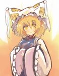  1girl :&lt; animal_ears blonde_hair blush breasts dress eyebrows_visible_through_hair fox_ears fox_tail hands_in_opposite_sleeves hat looking_at_viewer medium_breasts pillow_hat short_hair simple_background solo suisa tabard tail touhou upper_body white_background white_dress yakumo_ran yellow_eyes 