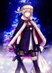  1girl applekun artoria_pendragon_(all) bag bangs black_legwear blue_cape blue_dress blue_footwear blue_gloves blue_headwear blurry blurry_background boots cape christmas_tree closed_mouth dress excalibur_morgan_(fate) fate/grand_order fate_(series) fur-trimmed_boots fur-trimmed_cape fur-trimmed_headwear fur_trim gift_bag gloves hair_between_eyes hat highres holding holding_bag holding_sword holding_weapon pantyhose santa_alter santa_hat short_dress short_hair silver_hair solo standing sword thigh_boots thighhighs weapon yellow_eyes 