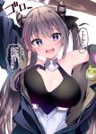  1girl :d arm_up armpits azur_lane badge bangs bare_shoulders baseball_bat black_ribbon blue_jacket blush breasts bright_pupils button_badge cleavage collarbone commentary_request covered_navel double_bun eyebrows_visible_through_hair grey_hair hair_between_eyes hair_horns hair_ribbon head_tilt heart highres himiya_jouzu jacket large_breasts long_hair looking_at_viewer multicolored_hair off_shoulder open_mouth partially_unzipped purple_eyes purple_hair ribbon san_francisco_(azur_lane) sidelocks simple_background smile solo speech_bubble standing streaked_hair translation_request twintails unaligned_breasts upper_body upper_teeth very_long_hair white_background white_pupils 