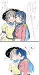  2girls asymmetrical_hair asymmetrical_sleeves bangs black_eyes black_hair blue_hair blue_ribbon bob_cut bow buttons collarbone crop_top dive!_(love_live!) dress earrings epaulettes grey_eyes grey_hair hat hat_ribbon highlights jewelry long_hair love_live! love_live!_nijigasaki_high_school_idol_club multicolored_hair multiple_girls nakasu_kasumi neck_ribbon one_side_up polka_dot polka_dot_headwear poppin&#039;_up_(love_live!) potto_yu puffy_short_sleeves puffy_sleeves red_eyes red_sleeves ribbon see-through short_hair short_sleeves single_bare_shoulder star_(symbol) star_earrings top_hat white_bow yellow_dress yellow_headwear yuri yuuki_setsuna_(love_live!) 