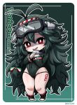  1girl :d antenna_hair azur_lane bangs braid character_name chibi commentary_request copyright_name covered_navel dark_green_hair diving_mask diving_mask_on_head eyebrows_visible_through_hair full_body goggles goggles_on_head green_background green_hair groin hair_between_eyes hands_up kurono leg_tattoo long_hair looking_at_viewer open_mouth red_eyes shaded_face sidelocks simple_background skindentation smile solo standing swimsuit tattoo thick_thighs thigh_tattoo thighs torricelli_(azur_lane) twitter_username very_long_hair wetsuit 