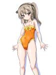  1girl absurdres bangs bare_shoulders black_ribbon blush bow bow_swimsuit breasts brown_eyes closed_mouth commentary covered_navel eyebrows_visible_through_hair girls_und_panzer hair_ribbon highres light_brown_hair light_frown long_hair looking_at_viewer one-piece_swimsuit one_side_up orange_swimsuit ribbon shadow shimada_arisu simple_background small_breasts solo standing strapless strapless_swimsuit swimsuit takobe_yadako wet white_background yellow_bow 
