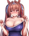  1girl animal_ears bangs bare_shoulders blue_swimsuit blush bow breasts brown_hair cleavage closed_mouth collarbone daiwa_scarlet_(umamusume) eyebrows_visible_through_hair hair_bow hair_intakes hair_ornament highres horse_ears horse_girl large_breasts off_shoulder one-piece_swimsuit red_bow red_eyes school_swimsuit simple_background solo strap_pull swimsuit tapisuke tiara twintails umamusume upper_body white_background 