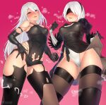  2girls bare_shoulders black_dress black_gloves black_legwear blindfold blush boots breasts cameltoe dress elbow_gloves gloves grin groin hair_between_eyes hairband handjob_gesture heart highres leotard long_hair looking_at_viewer mole mole_under_mouth multiple_girls nier_(series) nier_automata puffy_sleeves purple_eyes pussy_juice sanuki_(kyoudashya) short_hair silver_hair smile thigh_boots thighhighs yorha_no._2_type_b yorha_type_a_no._2 