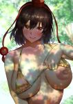 1girl areolae bikini black_hair blurry blurry_background blush breasts commentary_request dappled_sunlight day exhibitionism flashing hat inui_(shirakawa777) large_areolae large_breasts medium_hair nipples one_breast_out outdoors public_nudity red_eyes shameimaru_aya skindentation smile solo sunlight swimsuit tokin_hat touhou tree upper_body 