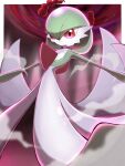  closed_mouth commentary_request dynamax from_below gardevoir gen_3_pokemon glowing highres outstretched_arms pokemon pokemon_(creature) red_eyes shabana_may smile smoke solo 