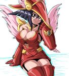  1girl apple_magician_girl bare_shoulders black_hair bocodamondo breasts brown_eyes cleavage clothing_cutout duel_monster feathered_wings looking_at_viewer solo wings yu-gi-oh! 