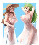  2girls 96nokimihito absurdres ahoge armpits bangs bare_shoulders blue_background blue_eyes blunt_bangs breasts brown_eyes brown_hair cleavage commentary_request dress green_hair hairband halter_dress halterneck hat highres hose idolmaster idolmaster_million_live! large_breasts long_hair miyao_miya multiple_girls nipples no_bra no_panties open_mouth see-through shimabara_elena straw_hat thick_eyebrows water wet wet_clothes white_dress white_hairband 