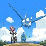  1girl bicycle brown_hair cloud collared_shirt commentary_request day from_below gen_3_pokemon gloves grass ground_vehicle latios leaves_in_wind legendary_pokemon manectric may_(pokemon) mutou610 open_mouth outdoors pokemon pokemon_(creature) pokemon_(game) pokemon_rse red_bandana red_shirt riding_bicycle shirt shoes short_sleeves sky socks tongue 