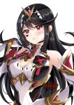  1girl alternate_eye_color alternate_hair_color black_hair blush bodysuit breasts chest_jewel cleavage cleavage_cutout clothing_cutout detached_sleeves earrings facial_mark felielle gloves heart hoop_earrings jewelry large_breasts long_hair mythra_(xenoblade) red_eyes simple_background tagme tiara very_long_hair white_background white_bodysuit xeno_(series) xenoblade_chronicles_(series) xenoblade_chronicles_2 