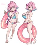  1girl ahoge barefoot between_breasts bikini breasts choker fang flower full_body hair_flower hair_ornament idolmaster idolmaster_cinderella_girls innertube large_breasts multicolored_hair multiple_views pink_choker pink_eyes pink_hair pink_wristband shisoneri sideboob simple_background standing strap_between_breasts swimsuit twitter_username two-tone_hair white_background yumemi_riamu 